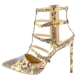 Nude & Gold Python Print Caged Vegan Leather High Heel Ankle Boots